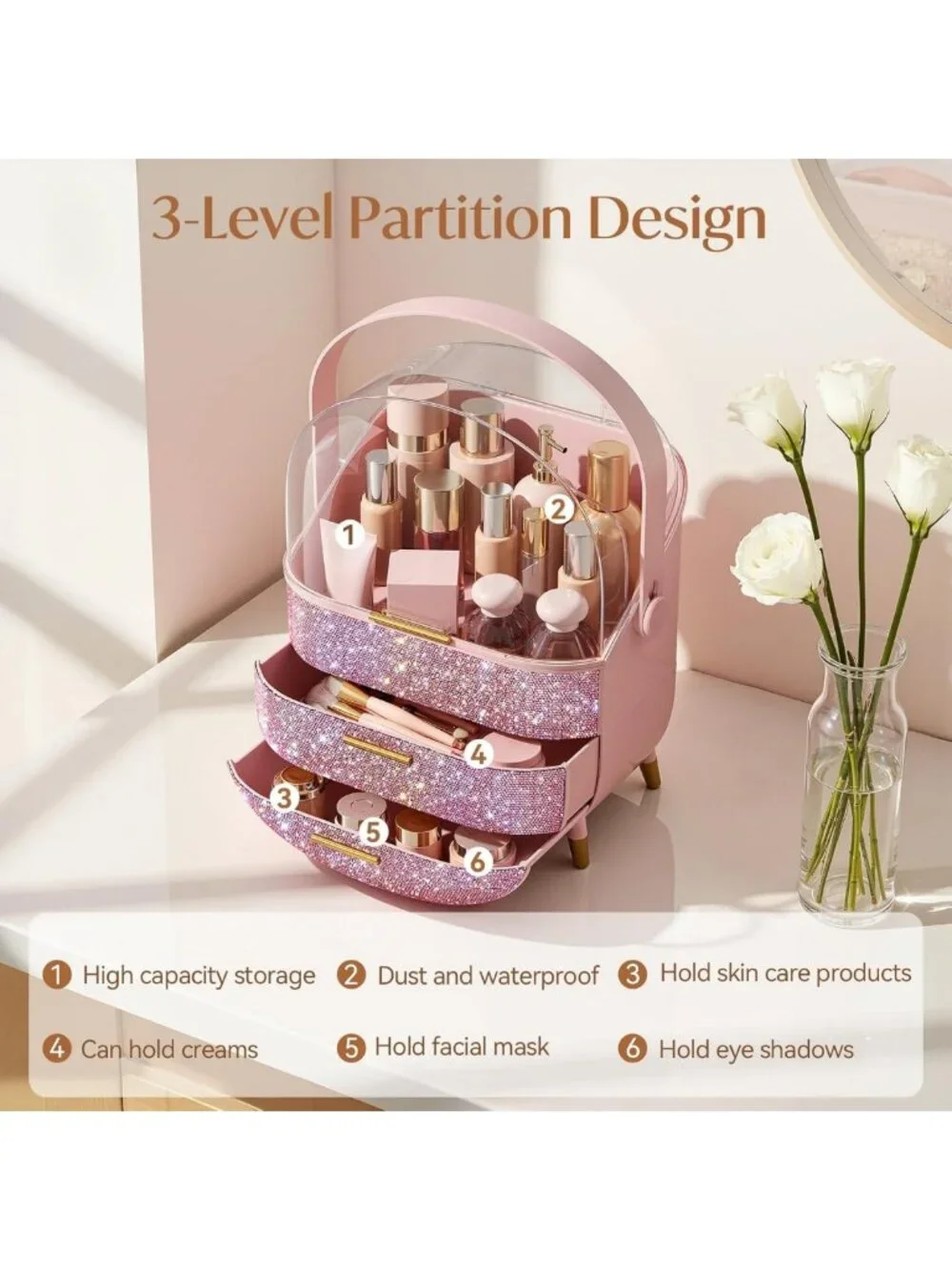 Chic Bling Makeup Organizer - Clear Cosmetic Display Case for Teen Girls, Pink
